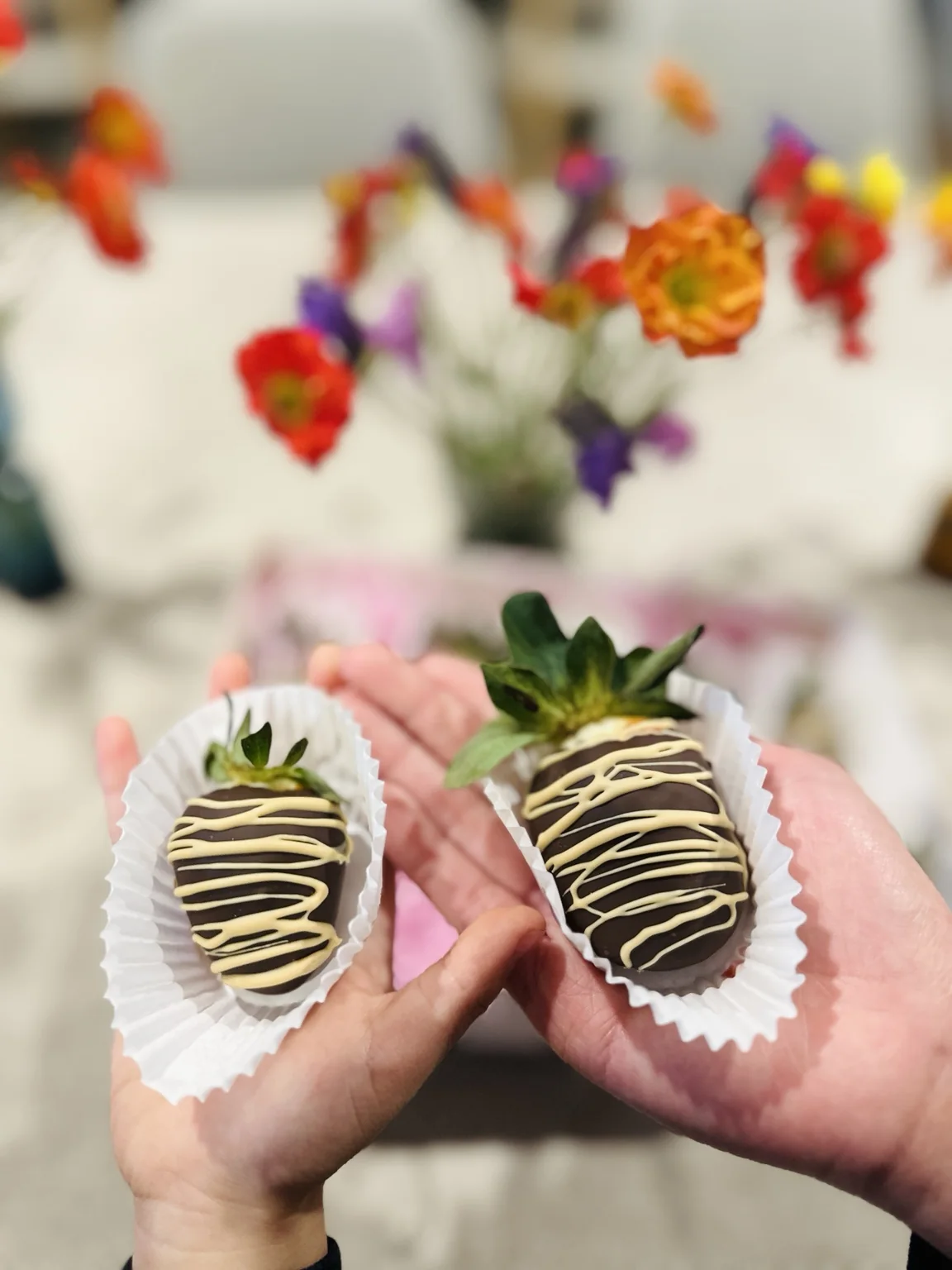 A close view of chocolate-covered strawberries held in both hands